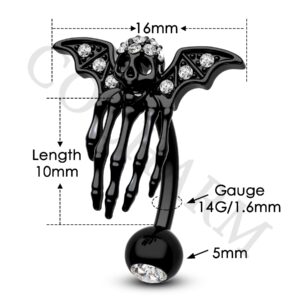 COCHARM Black Bat Skeleton Belly button Rings 14g Hallween Skull Hand Reverse Belly Rings Top Down Belly Piercing Jewelry Navel Rings