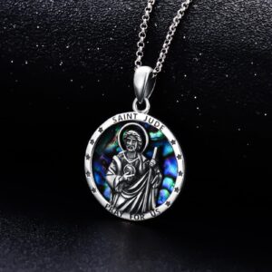 Shusukue Saint Jude Necklace with Abalone Shell 925 Sterling Silver St Jude Medal Religious Amulet Jewelry Gifts for Men Women