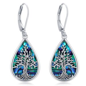 loove sterling silver tree of life earrings for women dangling abalone teardrop leverback earrings tree of life jewelry (b-tree of life)