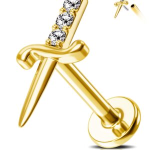 Jewseen 14K Gold Top Push in Threadless Sword Flat Back Stud Cartilage Earring Nose Stud Threadless Earring Helix Piercing Jewelry Tragus Earrings Lip Ring for Women Men