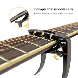 Guitar Capo, Capo for Acoustic and Electric Guitar, 3 in 1 Capo with Pick Holder, Pin Puller and 5 Guitar Picks, Ukulele Capo (Black)