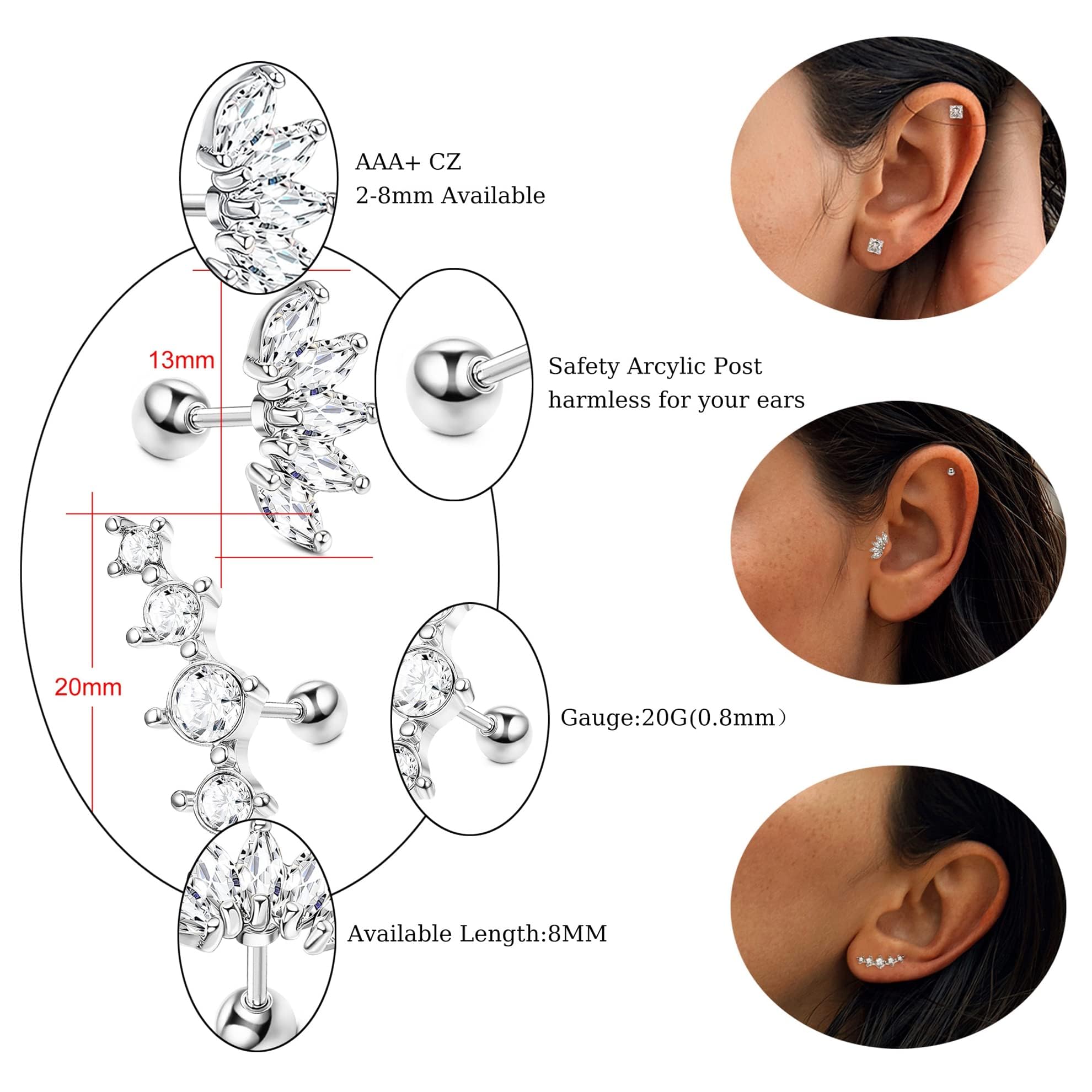 SAILIMUE 23Pairs Surgical Steel Flat Back Stud Earrings For Women Men Hypoallergenic 20G Tiny Cartilage Earrings Stud Hoops Small CZ Star Moon Heart Opal Helix Tragus Daith Earrings Piercing Jewelry