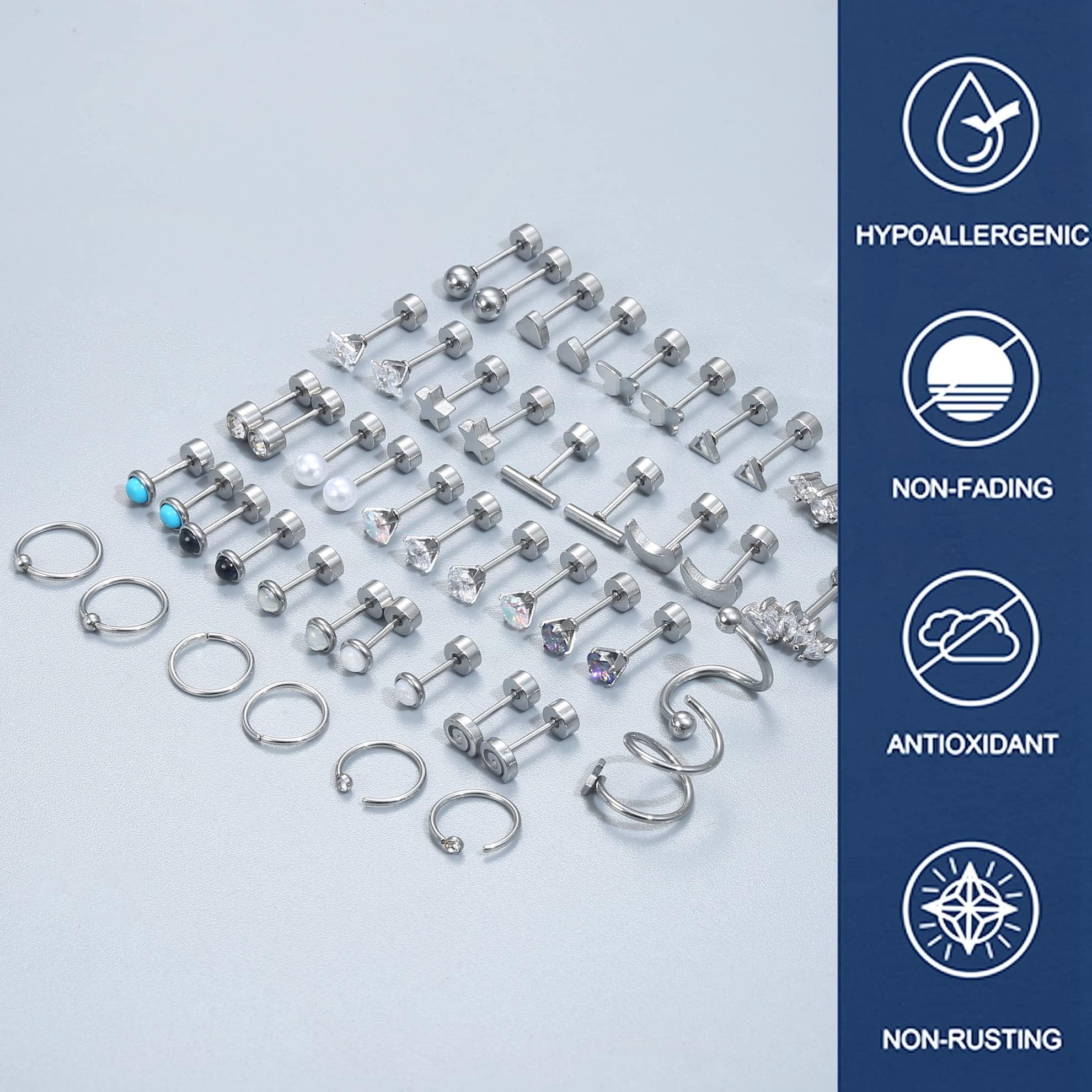 SAILIMUE 23Pairs Surgical Steel Flat Back Stud Earrings For Women Men Hypoallergenic 20G Tiny Cartilage Earrings Stud Hoops Small CZ Star Moon Heart Opal Helix Tragus Daith Earrings Piercing Jewelry