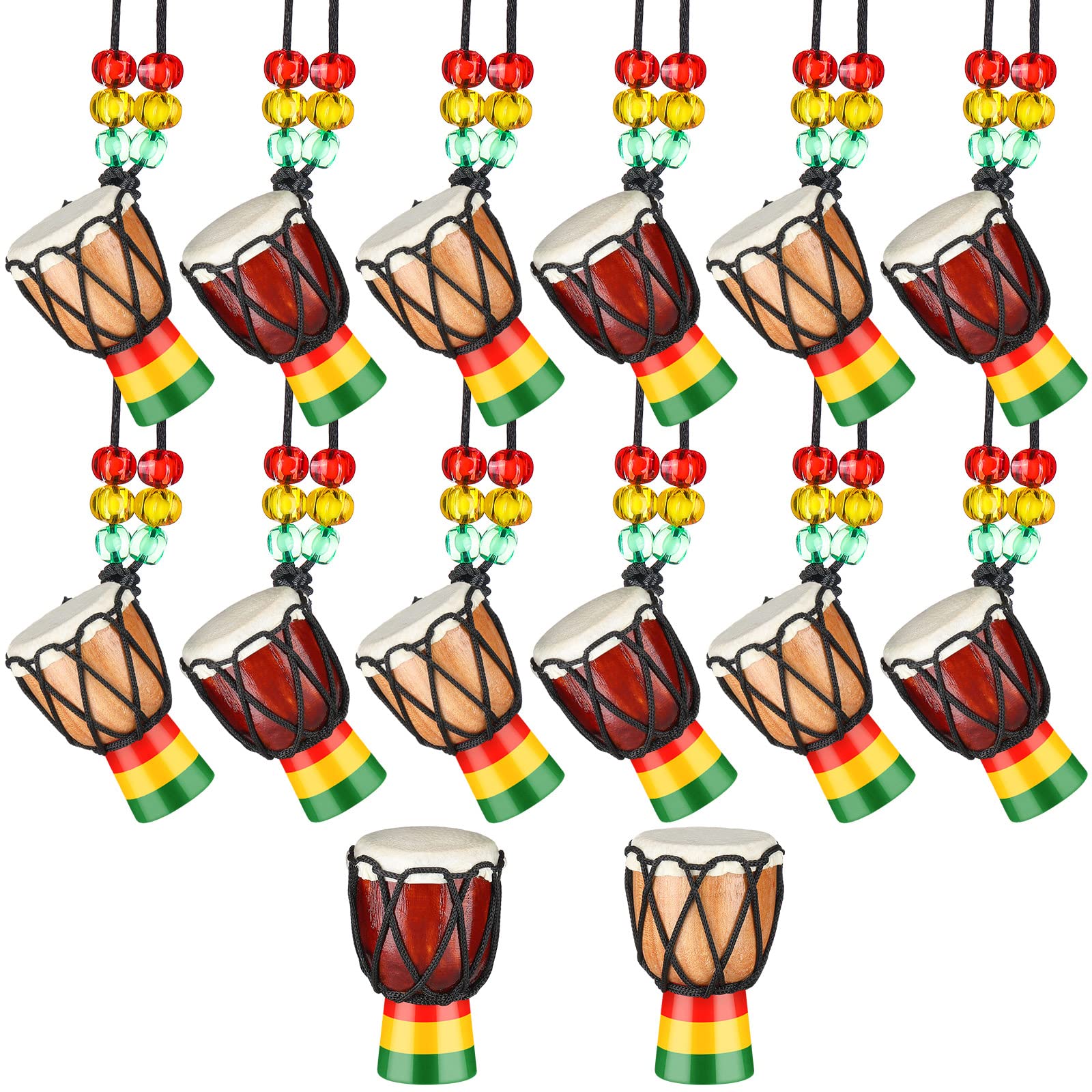 14 Pcs Djembe Drum Necklaces Hand Drum Necklaces Wooden Classic Mini Instrument Pendant African Drum African Bongos Percussion Necklace for Drum Circle Adults Dark Brown and Light Brown