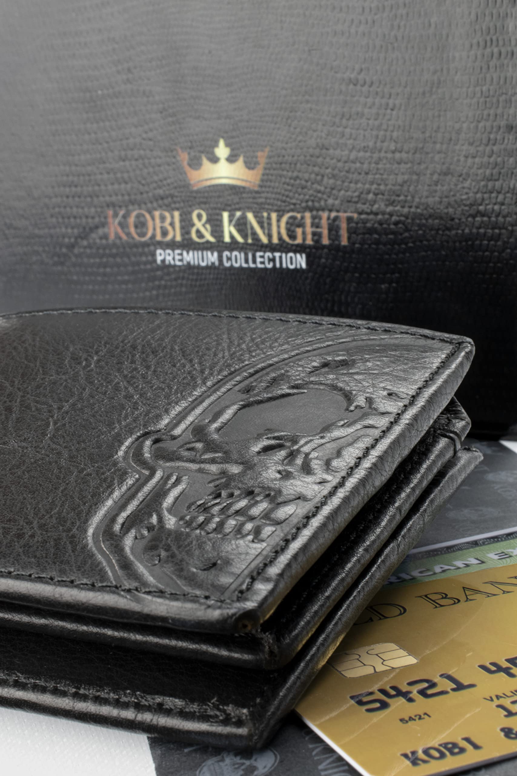 Kobi & Knight Mens Leather Skull Wallet | Bifold Wallet with Embossed Skull Design | Full Grain Leather Wallet in Gift Box | Gift Idea For Men