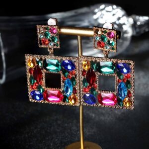 FASACCO Clip on Statement Earrings for Women Rhinestone Teardrop Rectangle Dangle Statement Earrings Crystal Geometric Non-Pierced Drop Earrings, Rectangle