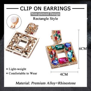 FASACCO Clip on Statement Earrings for Women Rhinestone Teardrop Rectangle Dangle Statement Earrings Crystal Geometric Non-Pierced Drop Earrings, Rectangle