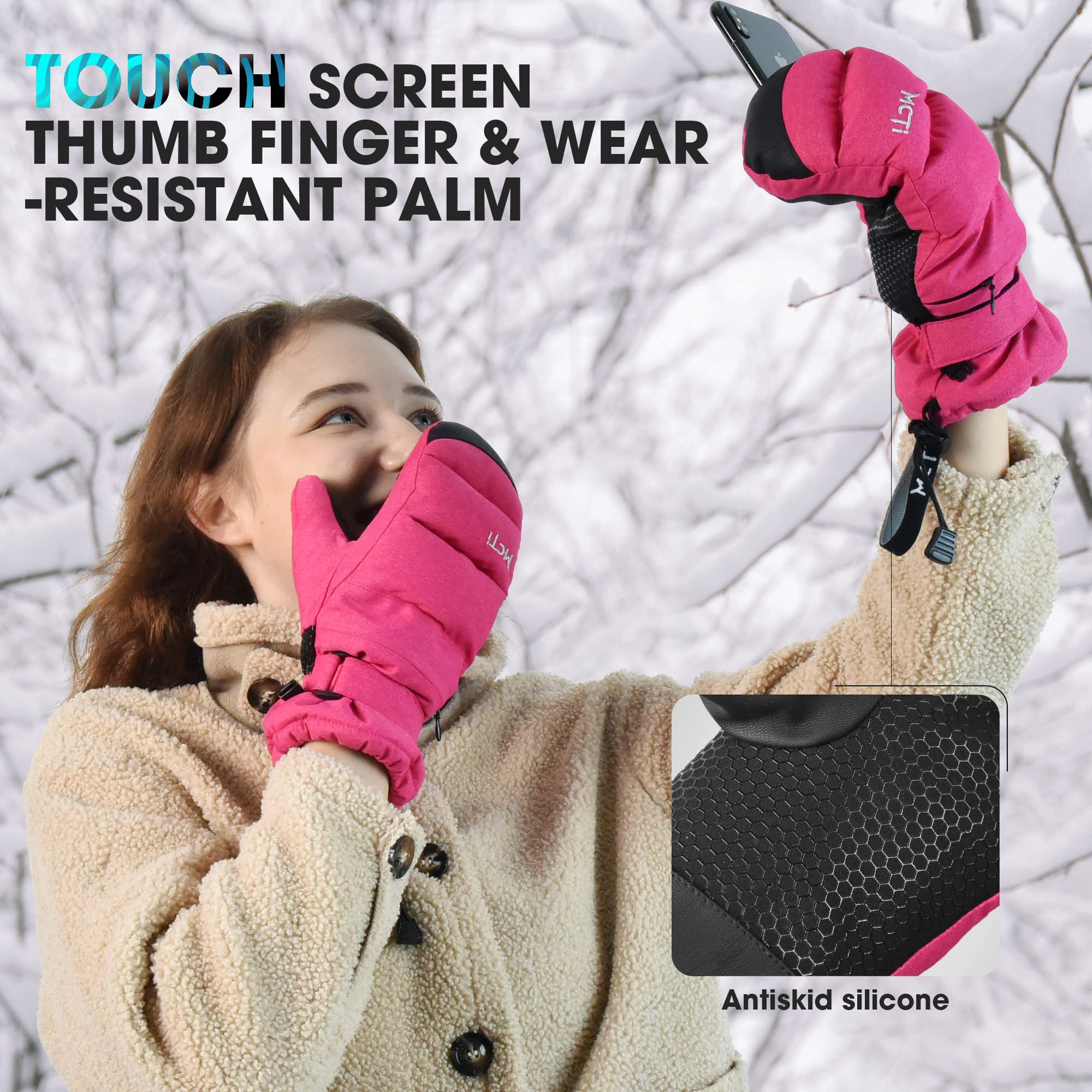 MCTi Ski Mittens Women's Snow Mitten Touch Screen Waterproof Insulated Quilted Mitts with Hidden Zipper