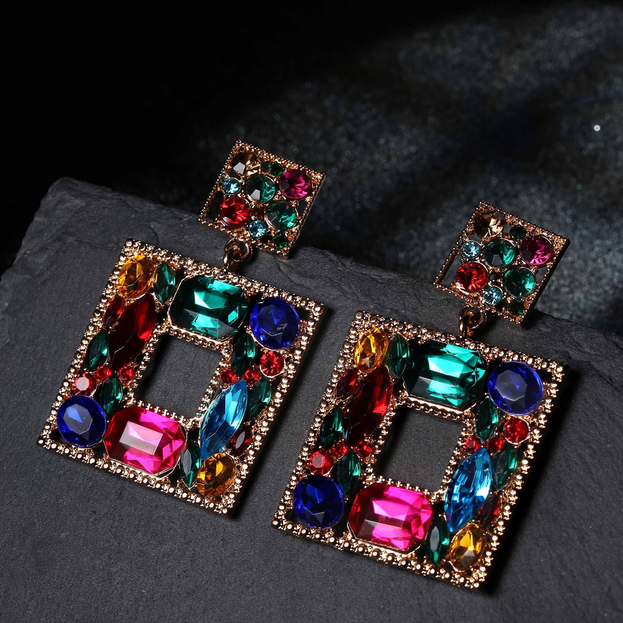 FASACCO Clip on Statement Earrings for Women Rhinestone Teardrop Rectangle Dangle Statement Earrings Crystal Geometric Non-Pierced Drop Earrings, Rectangle