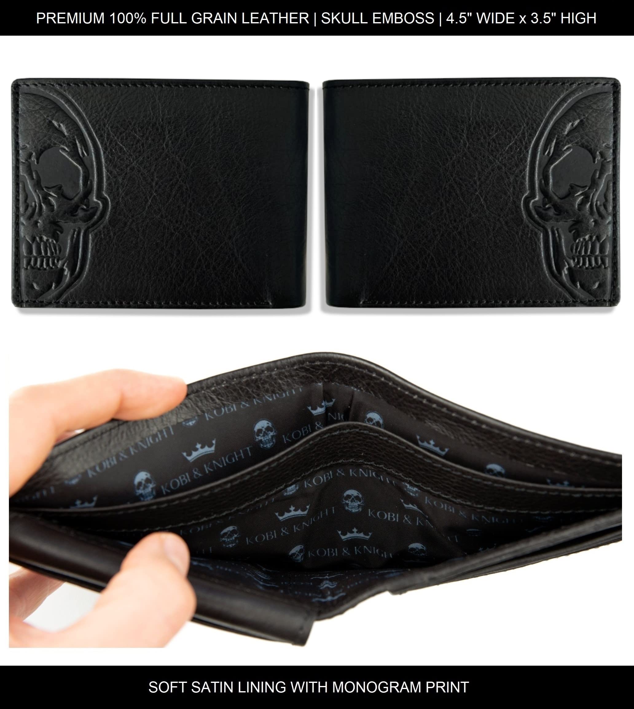 Kobi & Knight Mens Leather Skull Wallet | Bifold Wallet with Embossed Skull Design | Full Grain Leather Wallet in Gift Box | Gift Idea For Men