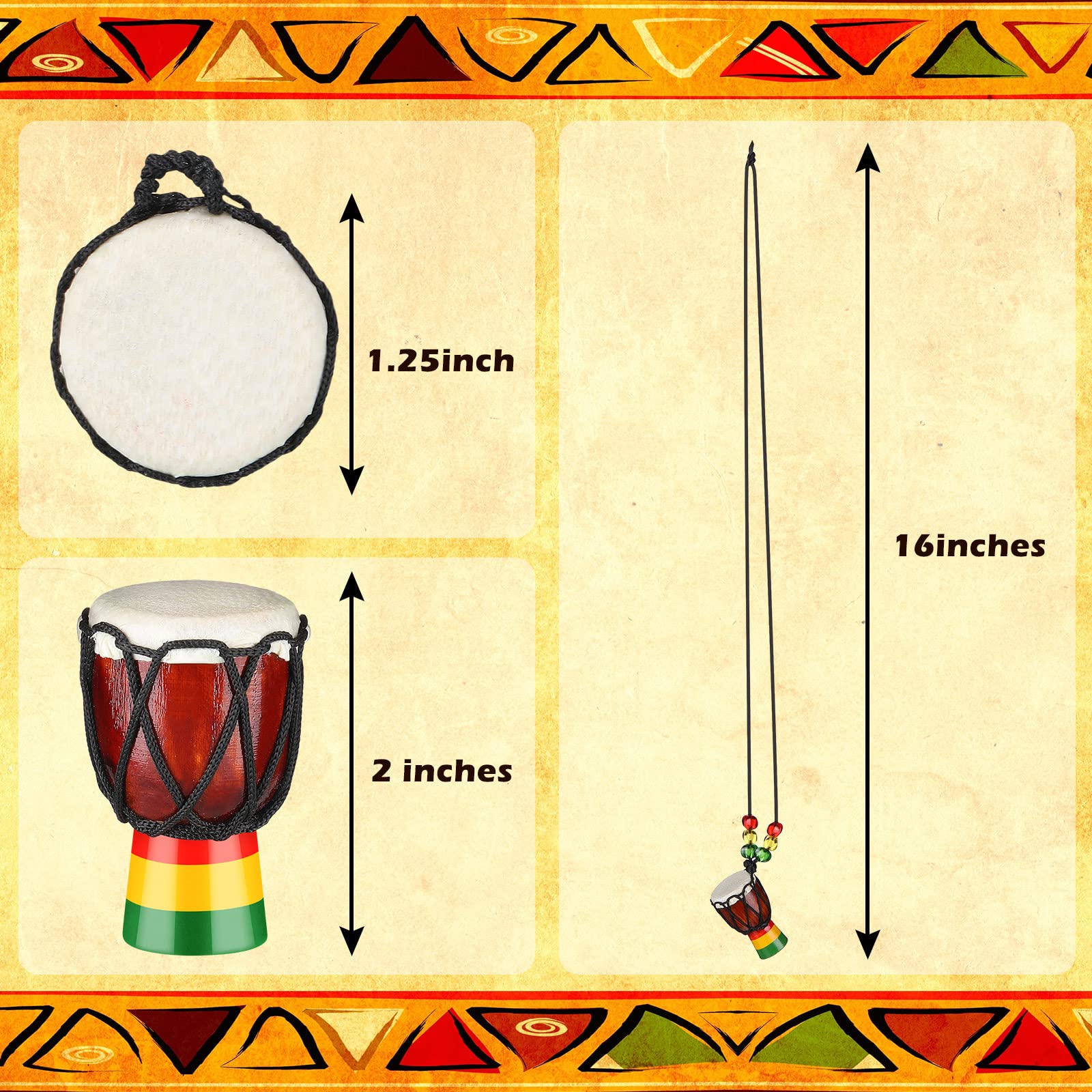 14 Pcs Djembe Drum Necklaces Hand Drum Necklaces Wooden Classic Mini Instrument Pendant African Drum African Bongos Percussion Necklace for Drum Circle Adults Dark Brown and Light Brown