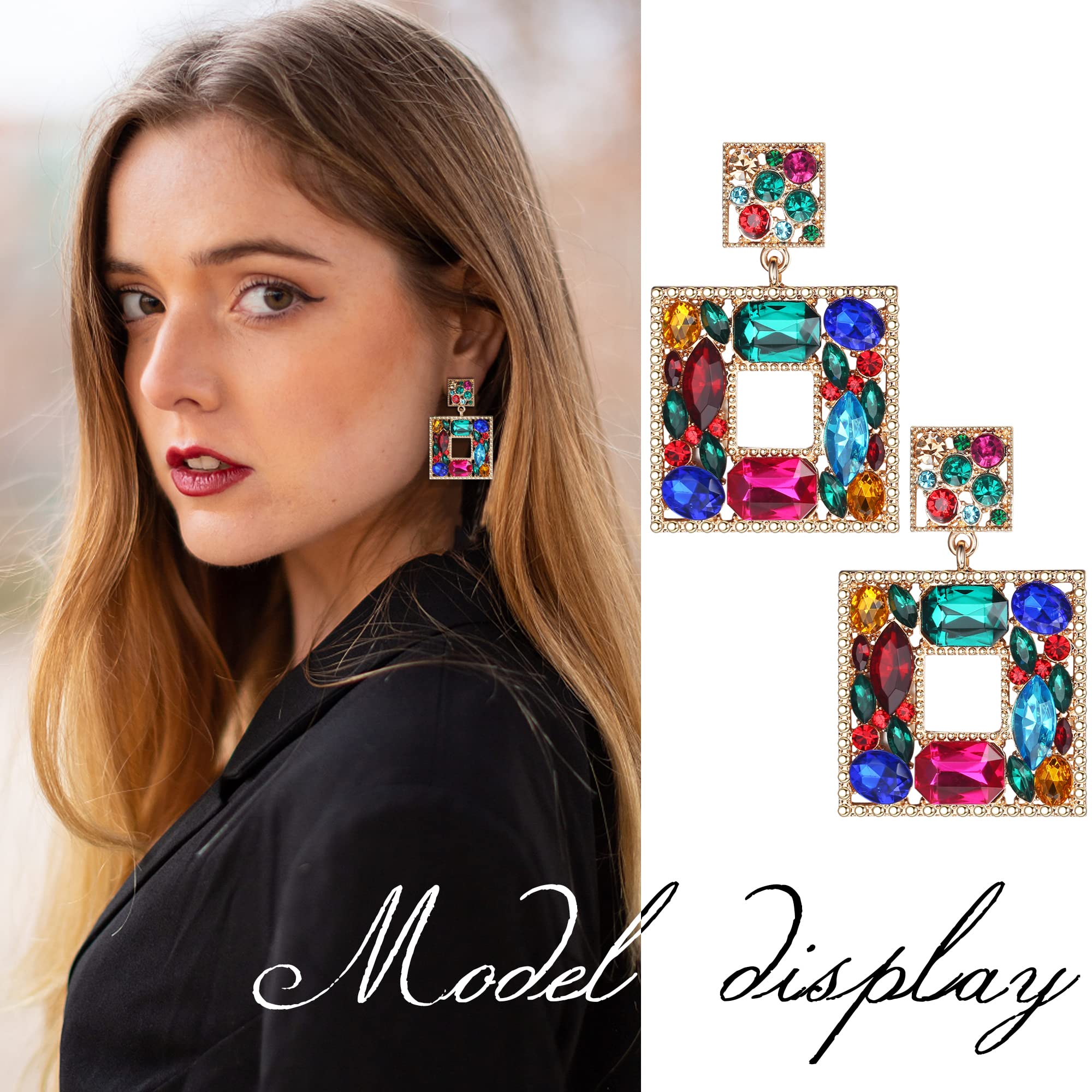 FASACCO Clip on Statement Earrings for Women Rhinestone Teardrop Rectangle Dangle Statement Earrings Crystal Geometric Non-Pierced Drop Earrings, Rectangle