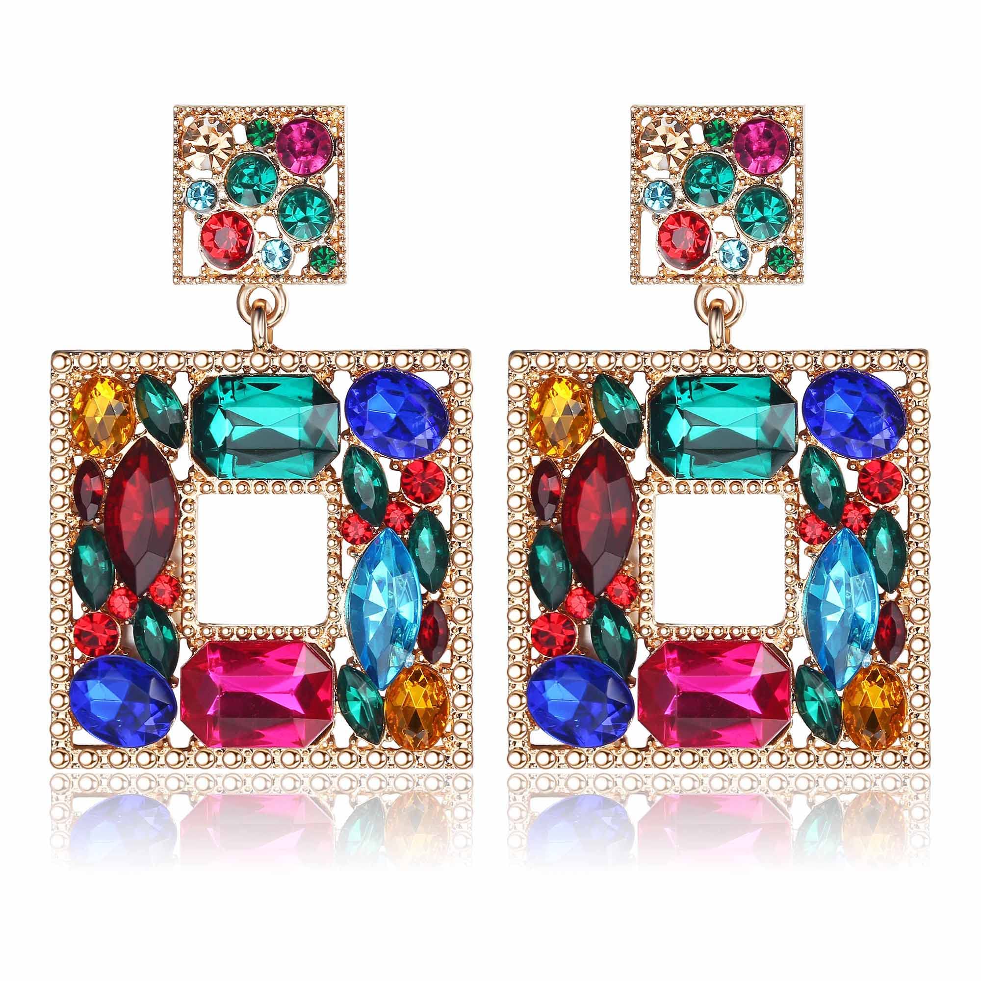 FASACCO Clip on Statement Earrings for Women Rhinestone Teardrop Rectangle Dangle Statement Earrings Crystal Geometric Non-Pierced Drop Earrings, Rectangle