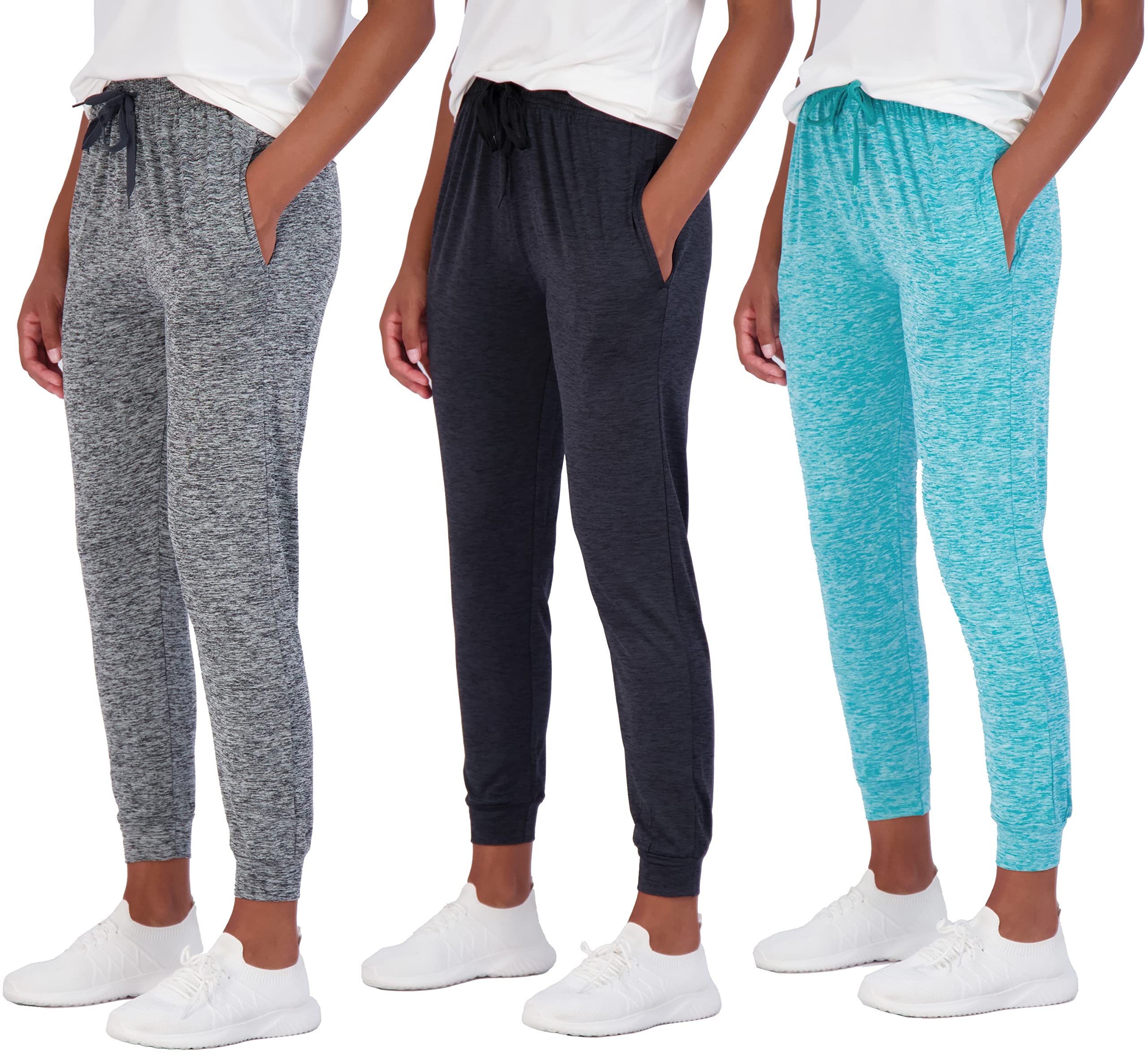 Real Essentials 3 Pack: Womens Dry Fit Athletic Active Lounge Jogger Sweatpants Sweat Pants Teen Workout Gym Yoga Track Running Casual Ladies Pockets Cuffed Soft Lightweight Exercise - Set 5, XXL