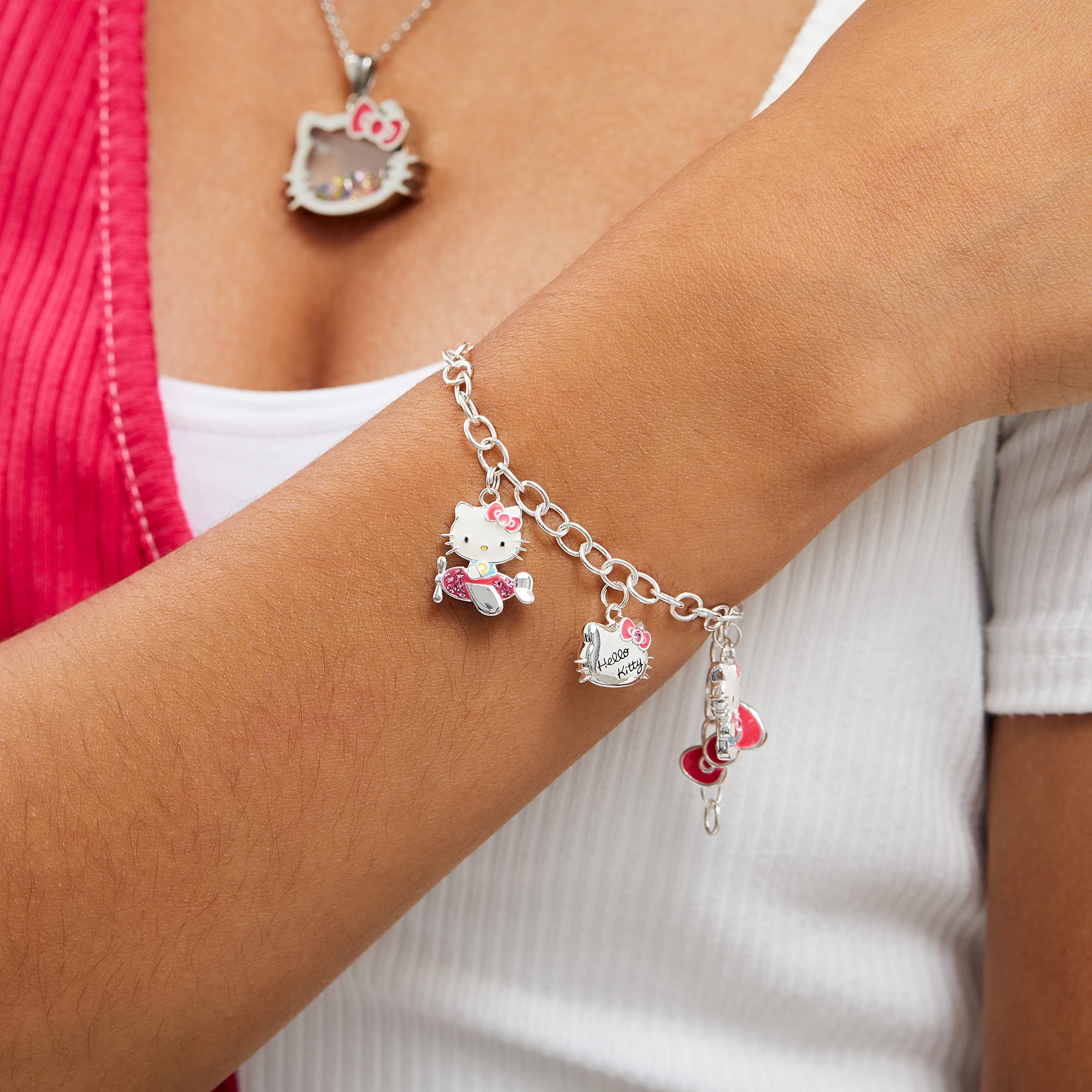 SALLY ROSE Sanrio Hello Kitty Charm Bracelet 8-inch - Silver Plated Hello Kitty Charm Bracelet Officially Licensed