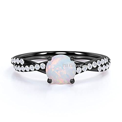 Prong Setting Round Shape Created Opal and CZ Infinity Pave Accented Engagement Ring in 14K Black Gold Plated 925 Silver 11