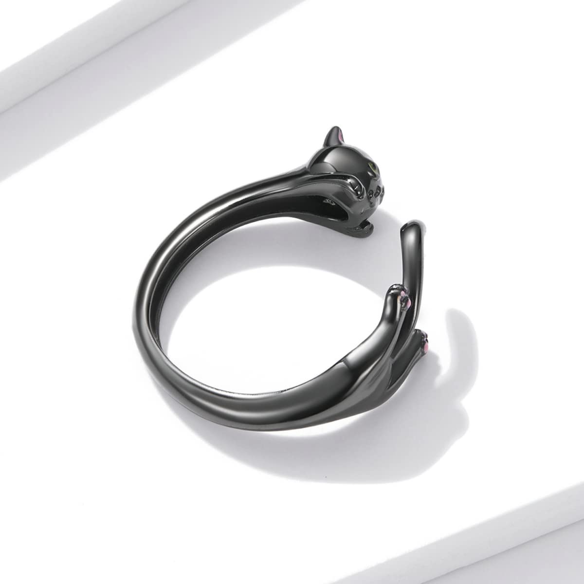 WKLQLQ Cat Rings Women Sterling Silver Adjustable Black Ring Cute Cat Ring Black Cat Ring a Gift for Cat Lovers