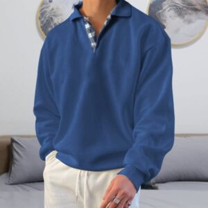 Men's Long Sleeve Pullover Polo Shirts-Casual Loose Fit V Neck Sweatshirts Plaid Tops Blue XL