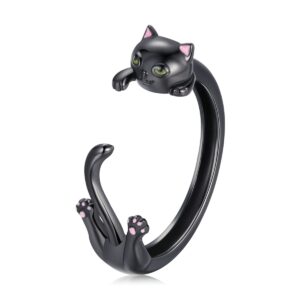 WKLQLQ Cat Rings Women Sterling Silver Adjustable Black Ring Cute Cat Ring Black Cat Ring a Gift for Cat Lovers