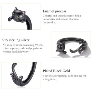 WKLQLQ Cat Rings Women Sterling Silver Adjustable Black Ring Cute Cat Ring Black Cat Ring a Gift for Cat Lovers