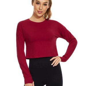 Cosy Pyro 3-Pack Womens Long Sleeve Crop Tops Athletic Casual Cropped Cotton Workout Sweatshirt with Thumb Hole Black/Navy/Wine S