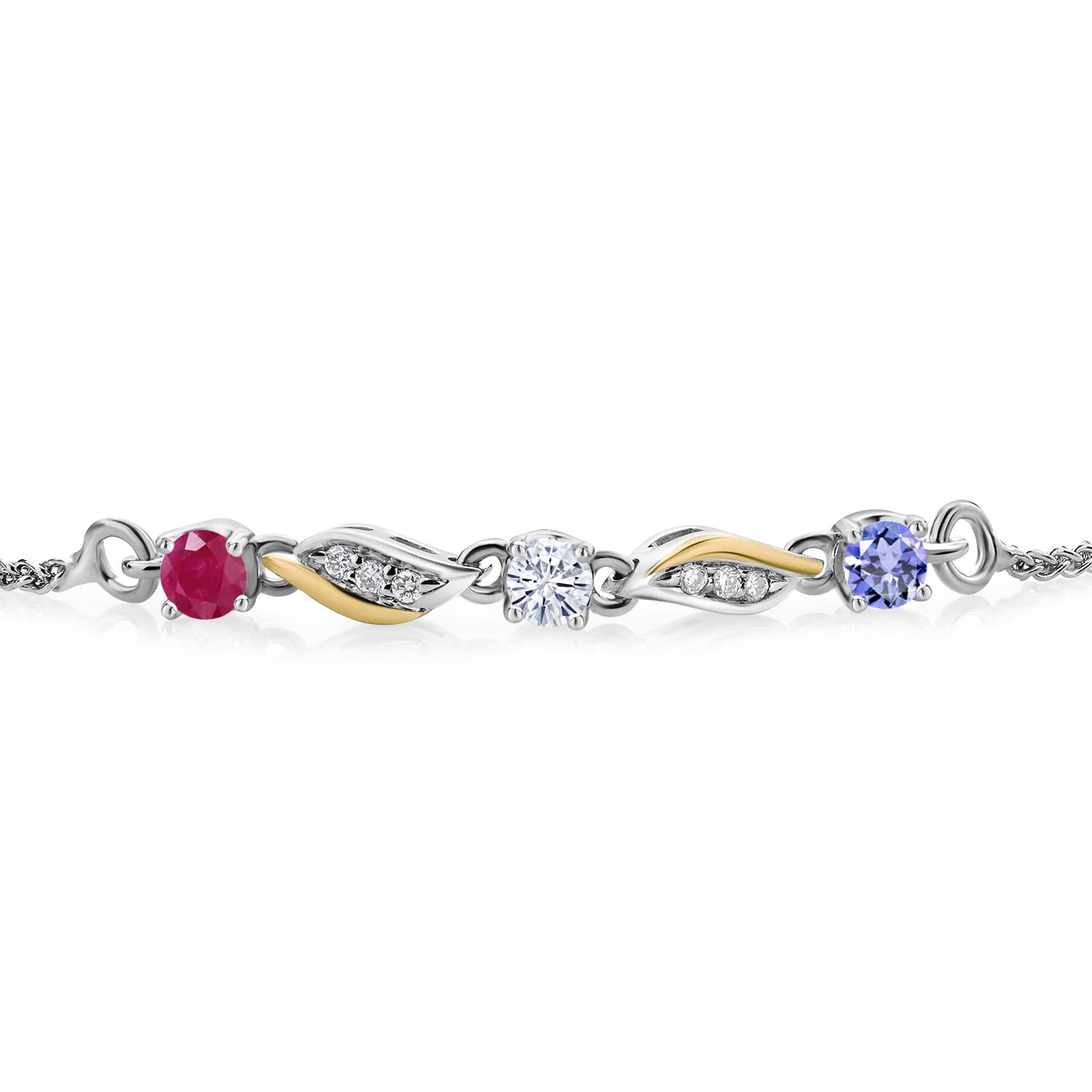 Gem Stone King 925 Silver and 10K Yellow Gold Customized and Personalized 3-Stone 3MM Round Gemstone Birthstone and White Lab Grown Diamond Tennis Bracelet For Women