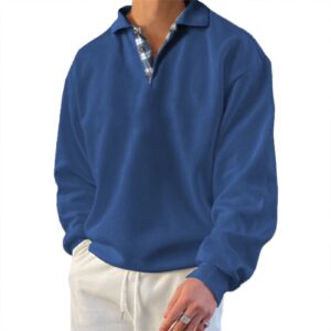 men's long sleeve pullover polo shirts-casual loose fit v neck sweatshirts plaid tops blue xl