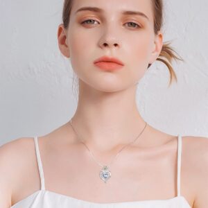 TOUPOP March Birth Flower Necklace 925 Sterling Silver Daffodils Floral Heart Pendant Necklace with March Aquamarine Birthstone Birthday Jewelry Gifts for Women