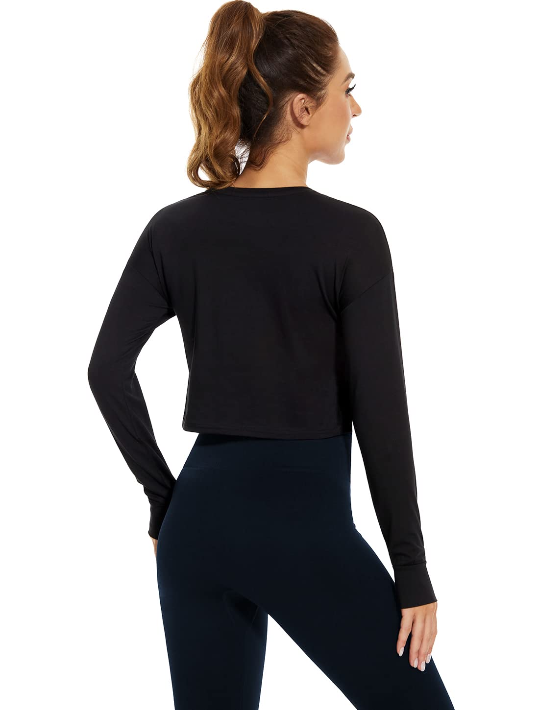 Cosy Pyro 3-Pack Womens Long Sleeve Crop Tops Athletic Casual Cropped Cotton Workout Sweatshirt with Thumb Hole Black/Navy/Wine S