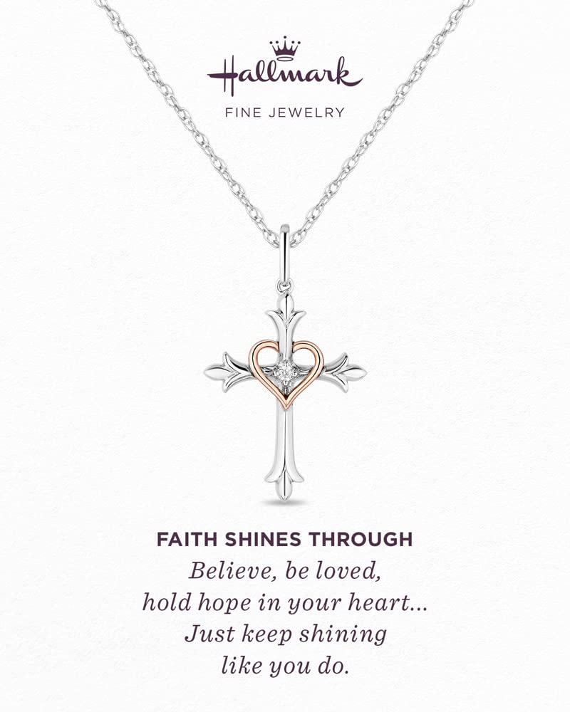 HALLMARK DIAMONDS Faith Cross with Hearth Necklace Pendant in Sterling Silver and 14K Rose Gold Plating and Diamonds