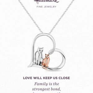 Love Will Keep Us Close Mother Child Cat Heart Necklace Pendant in Sterling Silver and 14K Rose Gold Plating with Diamonds