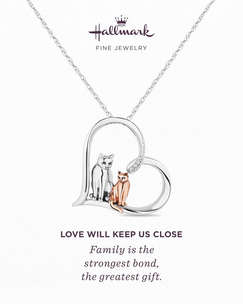 Love Will Keep Us Close Mother Child Cat Heart Necklace Pendant in Sterling Silver and 14K Rose Gold Plating with Diamonds