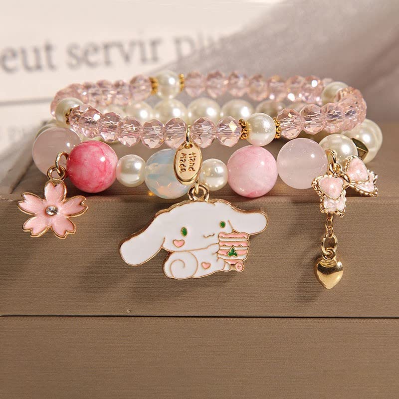 Kawaii Bracelets Set Crystal Beads Cinnamoroll Bracelet Cute Cartoon Elastic Beaded Pearl Bracelets Anime Jewelry for Women Bff Friendship Gift (Pink)