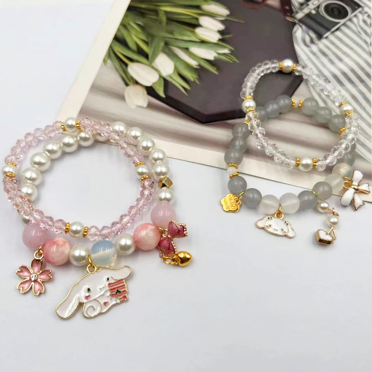 Kawaii Bracelets Set Crystal Beads Cinnamoroll Bracelet Cute Cartoon Elastic Beaded Pearl Bracelets Anime Jewelry for Women Bff Friendship Gift (Pink)