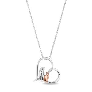 Love Will Keep Us Close Mother Child Cat Heart Necklace Pendant in Sterling Silver and 14K Rose Gold Plating with Diamonds