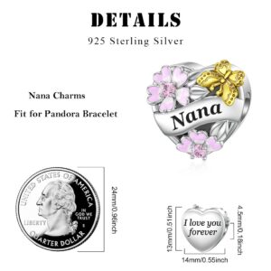 925 Sterling Silver Nana Charms for Pandora Charms Bracelet Grandma Heart Charm I Love You Moon and Back with Butterfly and Flower