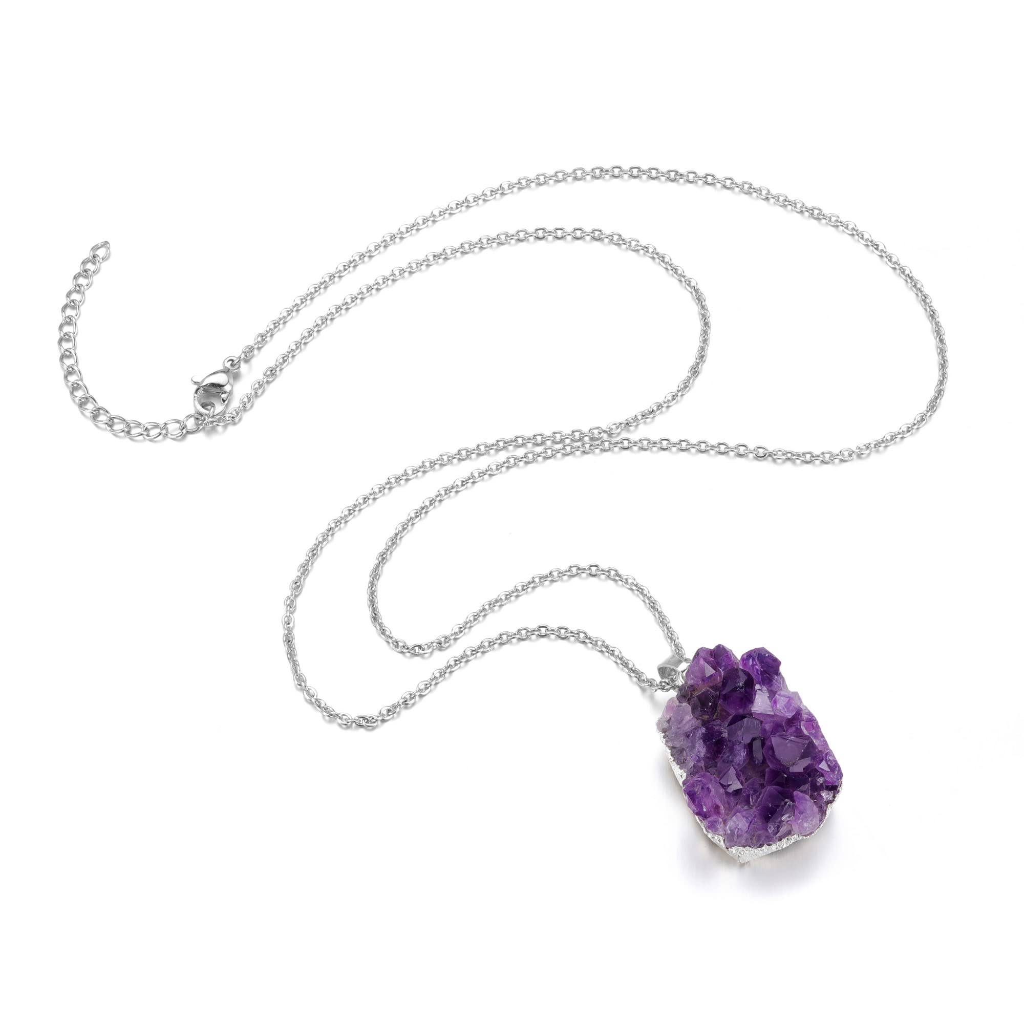 MANIFO Amethyst Raw Crystals Stone Necklace Healing Crystal Cluster Druzy Gemstone Pendant Necklaces for Women Silver