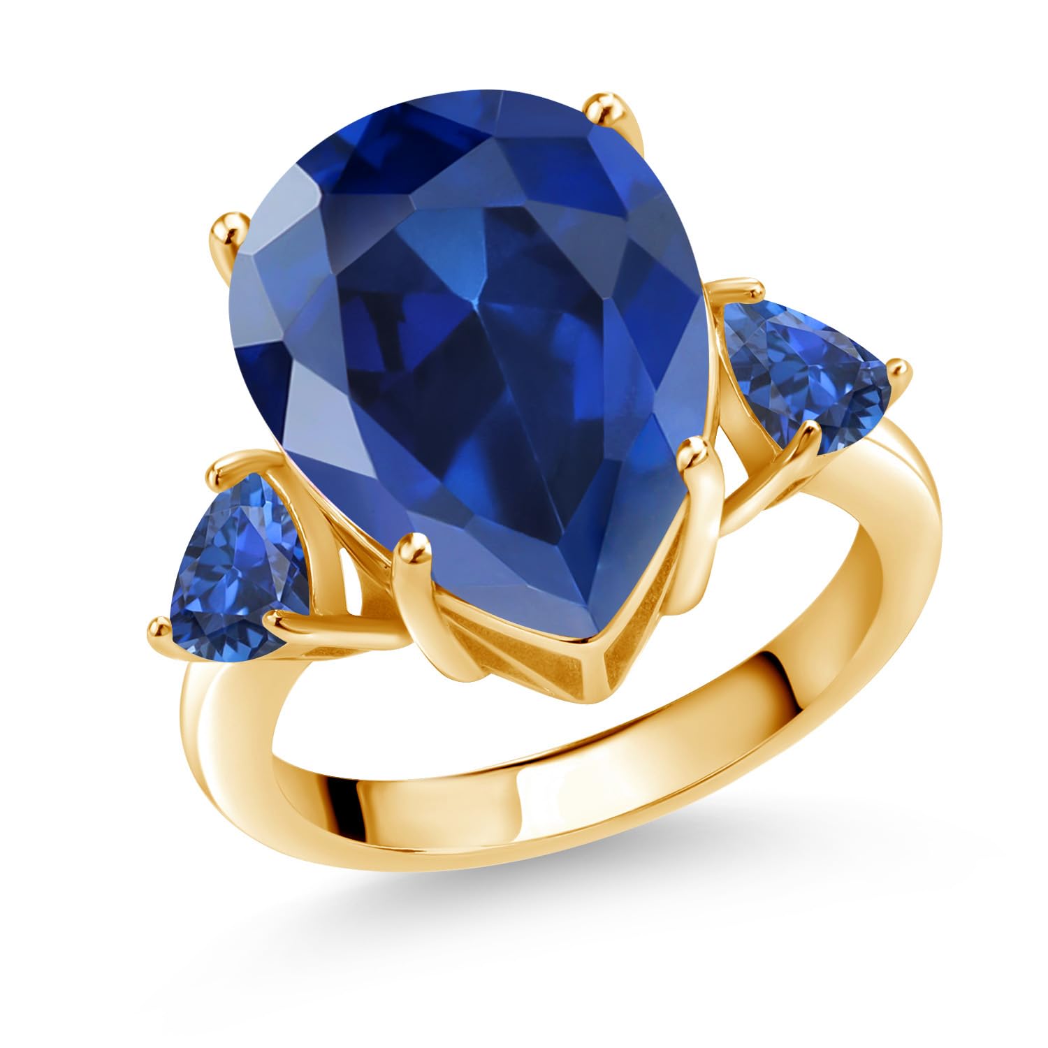 Gem Stone King 18K Yellow Gold Plated Silver Blue Simulated Sapphire Ring For Women (11.28 Cttw, Pear Shape 16X12MM, Available In Size 5, 6, 7, 8, 9)