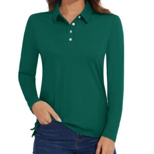 MAGCOMSEN Women's Swim Shirt Long Sleeve Polo Tees Shirts UPF 50+ UV Protection Athletic Shirts V-Neck Golf Polo Emerald Green,M