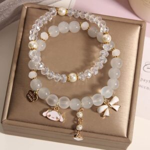 Kawaii Bracelets Set Crystal Beads Cinnamoroll Bracelet Cute Cartoon Elastic Beaded Pearl Bracelets Anime Jewelry for Women Bff Friendship Gift (Pink)