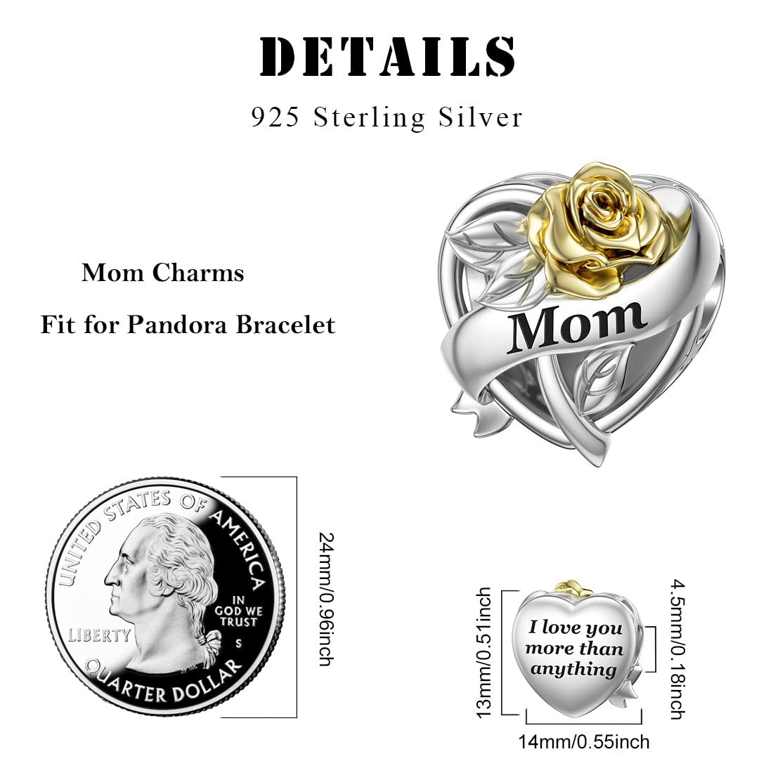 DALARAN Mother Charms Fit Pandora Charm Bracelet 925 Sterling Silver Mom Rose Love Heart Charm