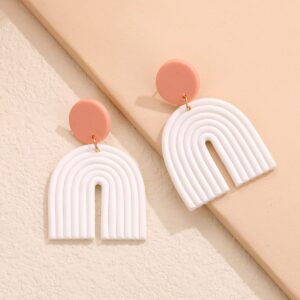 Polymer Clay Multi-colors Pure Colors Rainbow Earrings for Women,Lightweight Clay Cute U-shaped Big Geometric Fan Earrings Sterling Silver Stud,Statement Fun Fashion Jewelry(cute white)