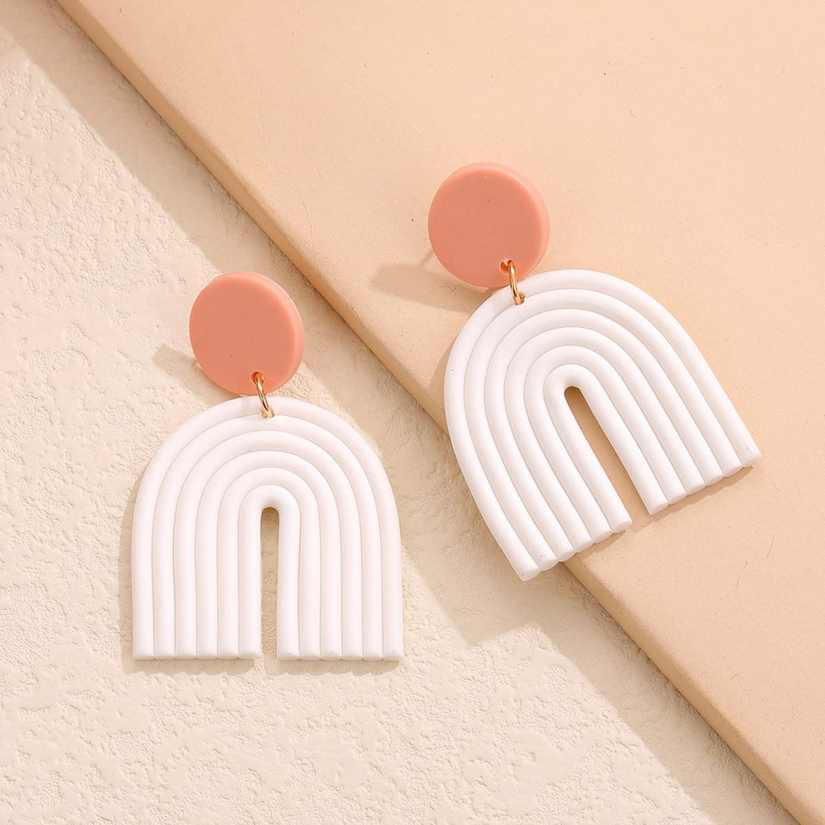 Polymer Clay Multi-colors Pure Colors Rainbow Earrings for Women,Lightweight Clay Cute U-shaped Big Geometric Fan Earrings Sterling Silver Stud,Statement Fun Fashion Jewelry(cute white)