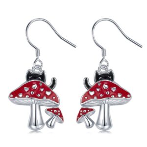 svodea black cat earrings 925 sterling silver mushroom dangle earrings,cute animal drop earrings jewelry gift for women mom wife (style-1-mushroom)