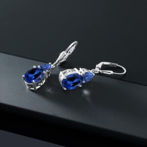 Gem Stone King 925 Sterling Silver Blue Created Sapphire Dangle Earrings For Women (7.68 Cttw, Gemstone September Birthstone, Oval 10X8MM, Trillion 5MM)