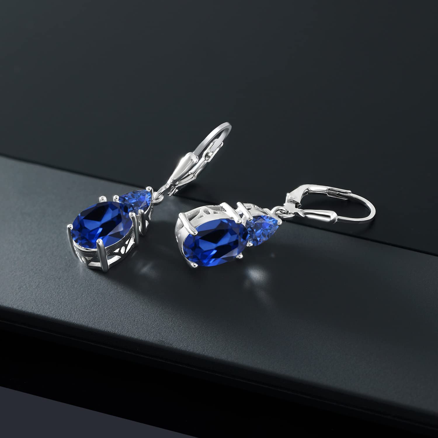 Gem Stone King 925 Sterling Silver Blue Created Sapphire Dangle Earrings For Women (7.68 Cttw, Gemstone September Birthstone, Oval 10X8MM, Trillion 5MM)