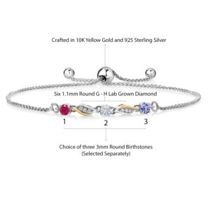 Gem Stone King 925 Silver and 10K Yellow Gold Customized and Personalized 3-Stone 3MM Round Gemstone Birthstone and White Lab Grown Diamond Tennis Bracelet For Women