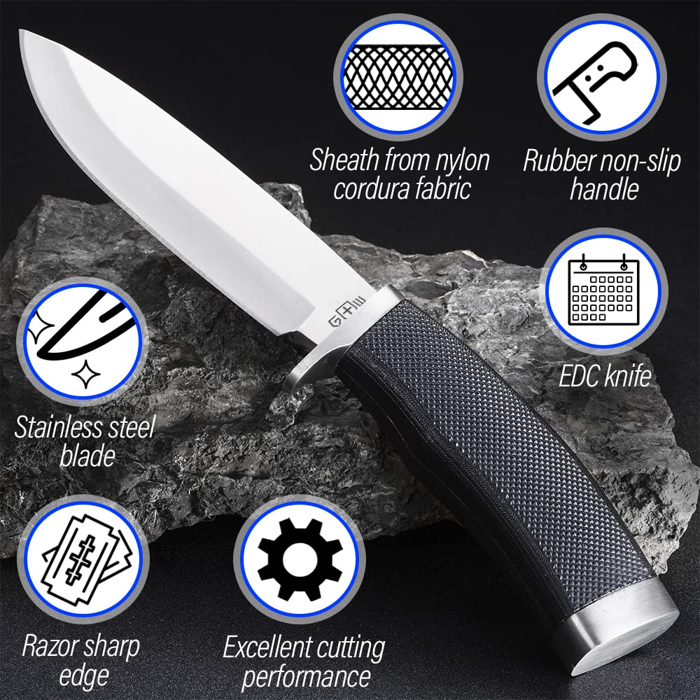 Bundle of 2 Items - Pocket Knife - Survival Military Foldable Knife - Best Outdoor Camping Hunting Folding Knife - Bushcraft Field Gear Accessories Tool - Fixed Blade Sharp Knofe with Rubber Handle