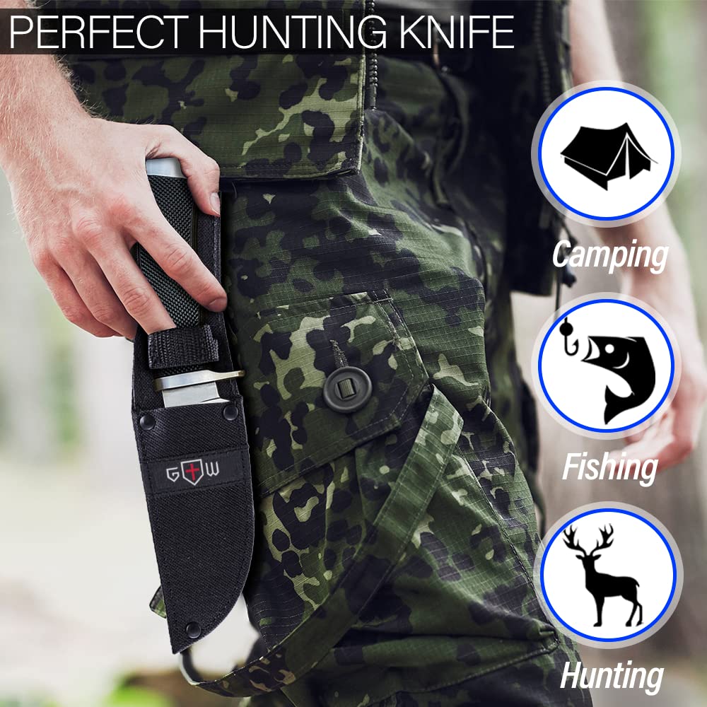 Bundle of 2 Items - Pocket Knife - Survival Military Foldable Knife - Best Outdoor Camping Hunting Folding Knife - Bushcraft Field Gear Accessories Tool - Fixed Blade Sharp Knofe with Rubber Handle