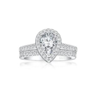 JALOKIVI 1.5CT 925 Sterling Silver Bridal Rings Sets for Women Pear Cut Halo Cubic Zirconia Engagement Ring Wedding Band Size 9